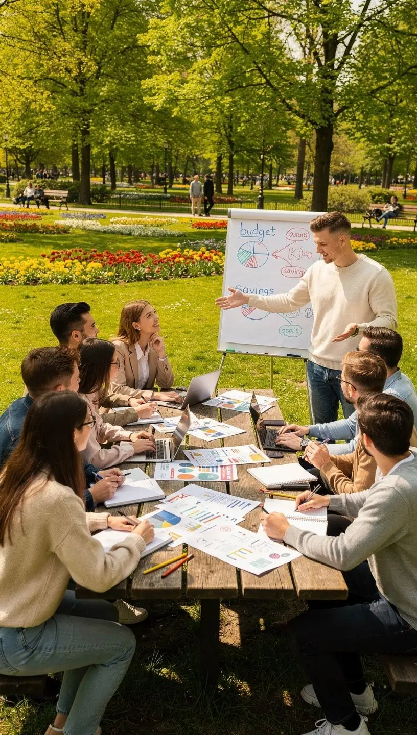 Zbliżenie na ręce piszące notatki podczas wykładu o zarządzaniu pieniędzmi.