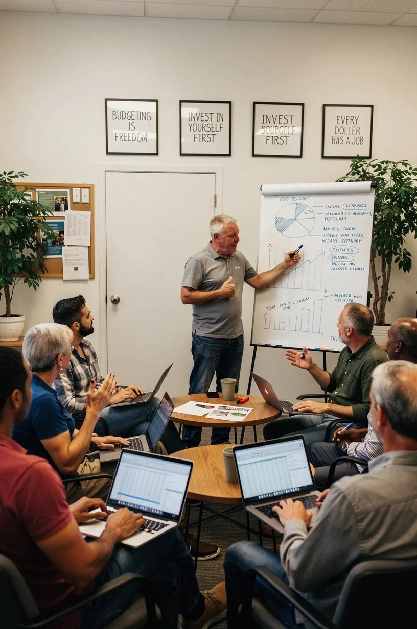 Pakiet drukowanych przewodników finansowych ułożonych na biurku w jasnym, przyjaznym otoczeniu.