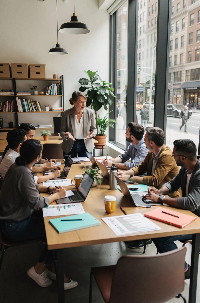 Uśmiechnięta kobieta podczas spotkania grupowego, dyskutująca o planowaniu budżetu osobistego.