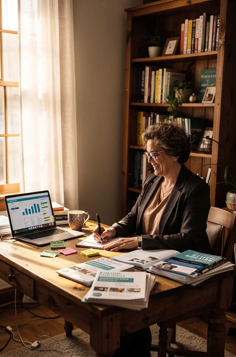 Osoba analizująca domowy budżet przy komputerze z notatnikiem i kalkulatorem.