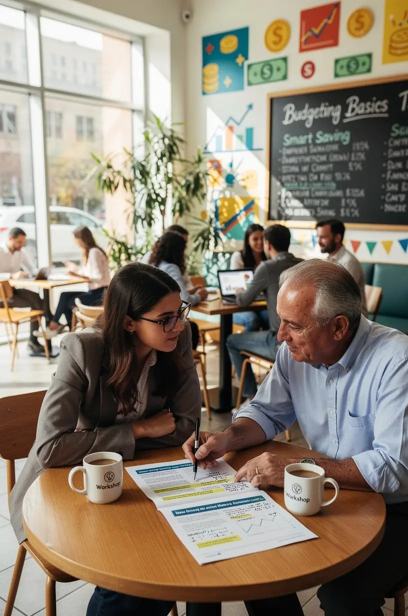 Książka z poradami finansowymi na stole obok filiżanki kawy i okularów.